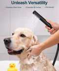 GRANDJOY 10" Ceiling Shower System with Handheld Spray, Matte Black, washing a golden retriever with stainless steel hose