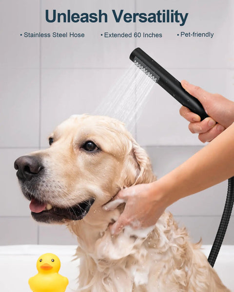 GRANDJOY 10" Ceiling Shower System with Handheld Spray, Matte Black, washing a golden retriever with stainless steel hose