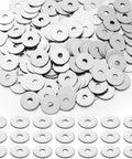 Top view of stainless steel fender washers, inner 3/16 in hole, outer 3/4 in diameter, in a large pile.