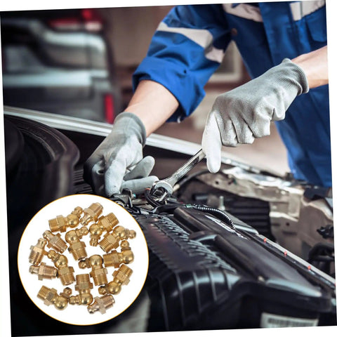 Mechanic using Brass Grease Fitting Kit One Set With Straight And Angled Zerk Nozzles For Automotive And Industrial Use Storage Box Included