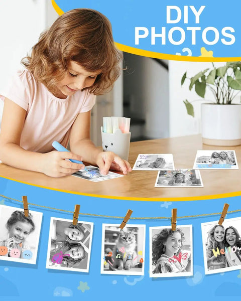 Dope Kids Instant Print Camera With 32GB Card Includes 4 Photo Paper Rolls Color Photos Stored On Memory Card 6 Scene Filters 28 Photo Frames Safe Thermal Print Tech Perfect Birthday Gift For Boys And Girls Ages 3 4 5 6 7 8 9 10 girl decorating printed photos at table