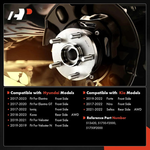 Side view of front or rear wheel bearing and hub assembly, 5-lug, for Hyundai and Kia 2017-2023 models, AWD compatible.