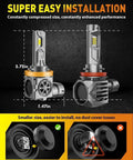 Diagram of H11 H9 and 9005 HB3 light bulbs combo pack showing measurements and easy installation for automotive fog lights replacement.