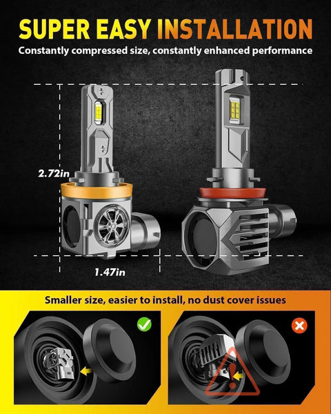 Diagram of H11 H9 and 9005 HB3 light bulbs combo pack showing measurements and easy installation for automotive fog lights replacement.