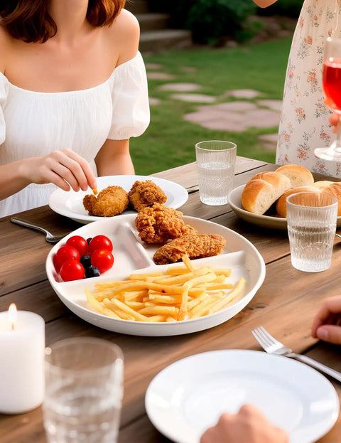 Ceramic Portion Control Plate For Weight Loss With Three Compartments 9 Inch Divided Plate For Adults on outdoor dining table