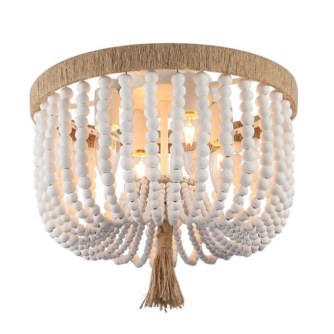 Beaded Flush Mount Ceiling Light With White Wood Beads, Boho Bohemian Farmhouse Style 4 Light Fixture With Rope Tassel
