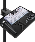 Crab Clamp Microphone Stand Tray For Home Studio Gear Storage, 10.6x7.8 inch shelf with gear attached to mic stand pole