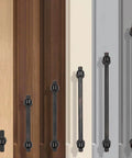 Oil Rubbed Bronze Cabinet Knobs Set installed on various colored cabinetry doors.