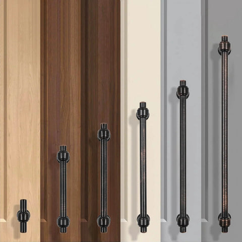 Oil Rubbed Bronze Cabinet Knobs Set installed on various colored cabinetry doors.