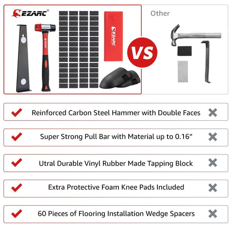 Comparison chart highlighting 64 Piece Pro Grade Laminate Flooring Installation Kit with reinforced mallet and pull bar.