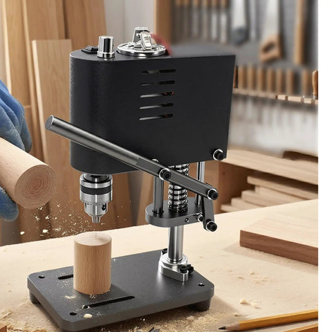 Compact bench drill press for wood and metal work with a reliable copper motor and seven speed switches, ideal for precise drilling.