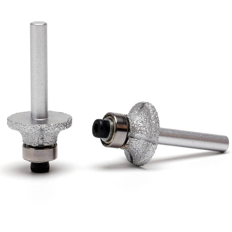Vacuum Brazed Diamond Router Bit 1/4 Inch Shank For Marble Granite And Travertine Delivers Hella Smooth Bullnose Edge Profiles On Countertops And Shower Curbs Making Your Renovation Look Absolutely Sick. Close-up view of a diamond router bit with a silver shank.