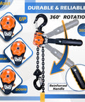 Half Ton Chain Hoist Come Along 1100 Lbs Capacity With 10 Foot Lift G80 Chain Ratchet Chain Puller Hoist With Dual Beefy Hooks For Garage And Warehouse Use featuring an orange gear with reinforced handle and 360-degree rotation.