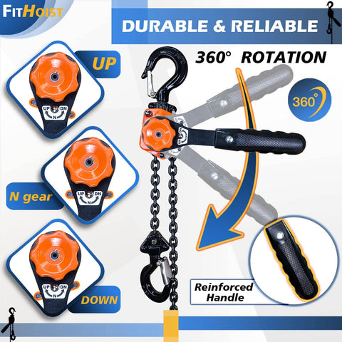 Half Ton Chain Hoist Come Along 1100 Lbs Capacity With 10 Foot Lift G80 Chain Ratchet Chain Puller Hoist With Dual Beefy Hooks For Garage And Warehouse Use featuring an orange gear with reinforced handle and 360-degree rotation.