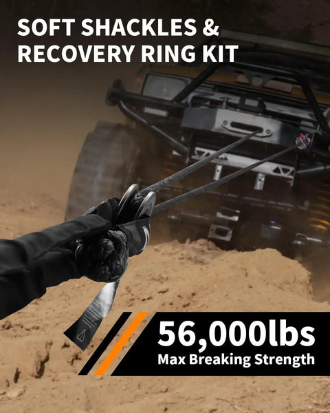 Heavy Duty 1/2 Inch Soft Shackles For Off Road Recovery Kit Featuring 56000 Pound Breaking Strength Uhmwpe Rope And Aluminum Anchor Ring in use during recovery.