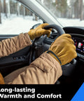 Person wearing Winter Leather Work Gloves With Thinsulate Lining For Cold Weather, 100 Percent Full Grain Cowhide, driving in winter