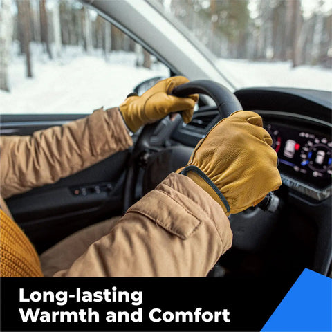 Person wearing Winter Leather Work Gloves With Thinsulate Lining For Cold Weather, 100 Percent Full Grain Cowhide, driving in winter