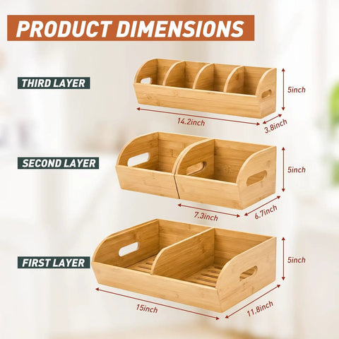 Product dimensions for Three Tier Stackable Bamboo Veggie And Fruit Storage Bins, Ventilated Pantry Organizer With Slide Out Design.