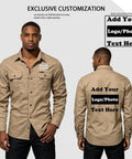 Mens Heavy Duty Mechanic Work Shirt With Custom Crew Logos Heavyweight Cotton Twill Button Up Long Sleeve, shown in beige with customizable logos.