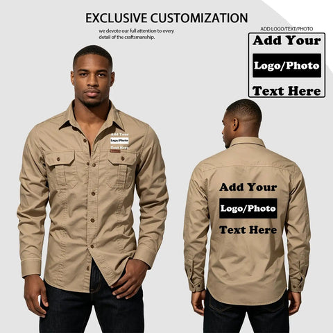 Mens Heavy Duty Mechanic Work Shirt With Custom Crew Logos Heavyweight Cotton Twill Button Up Long Sleeve, shown in beige with customizable logos.