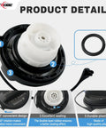 Gas Cap Replacement For 2004-2020 Hyundai Veloster Accent Sonata Azera Genesis Elantra Coupe GT Equus Ioniq Kona Tiburon Amanti Optima Borrego Cadenza Forte K900 Niro 31010-3L600 Easy Install, Leak Proof, Rustproof Plastic Fuel Tank Filler Cap product details with sealing ring and installation features.
