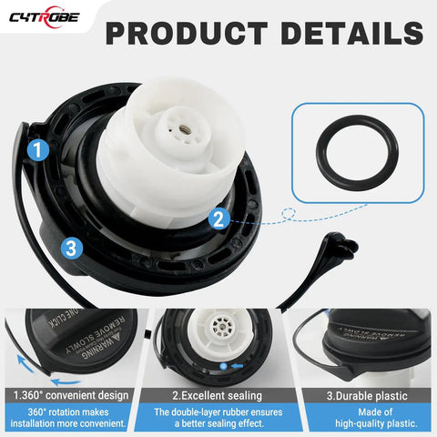 Gas Cap Replacement For 2004-2020 Hyundai Veloster Accent Sonata Azera Genesis Elantra Coupe GT Equus Ioniq Kona Tiburon Amanti Optima Borrego Cadenza Forte K900 Niro 31010-3L600 Easy Install, Leak Proof, Rustproof Plastic Fuel Tank Filler Cap product details with sealing ring and installation features.