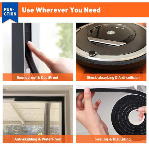 Weather stripping door seal, 1x1 in foam with adhesive; 13 ft total (two 6.5 ft rolls); collage shows install.