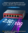 Five Port 2.5G Ethernet Switch With 10Gb SFP Plus Uplink For NAS Gaming And PC, featuring 2.5G RJ45 ports and silent aluminum housing.