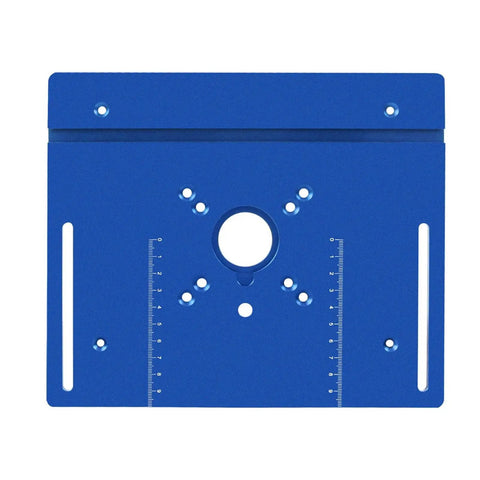 Premium Router Lift Kit With Aluminum Base Plate And Insert Plate For Woodworking, blue aluminum lift plate with measuring scale.