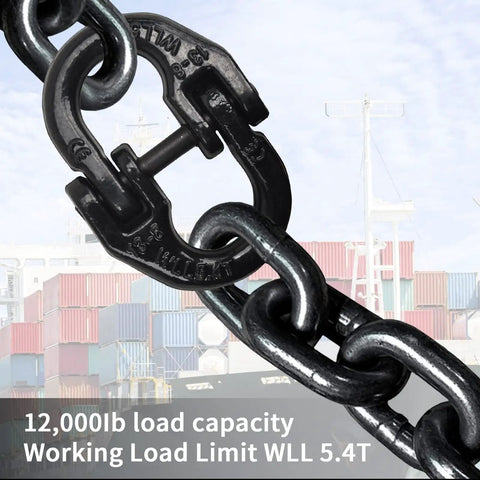 Half Inch Grade 80 Alloy Steel Hammerlock Coupling Link For Tow Hitch Safety Trailer Chain Adapter Connector Heavy Duty Truck Hitch 12000 Lbs Beefed Up Load Capacity Black with chain and cargo backdrop