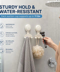 Hassle Free Heavy Duty Suction Cup Razor Holders For Bathroom Sink Organizer With Super Strong No Drill Grip Towel And Loofah Hooks Clutter Free Kitchen And Shower Storage Rack 2 Pack, supporting towels and loofah in shower.