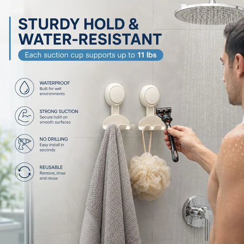 Hassle Free Heavy Duty Suction Cup Razor Holders For Bathroom Sink Organizer With Super Strong No Drill Grip Towel And Loofah Hooks Clutter Free Kitchen And Shower Storage Rack 2 Pack, supporting towels and loofah in shower.
