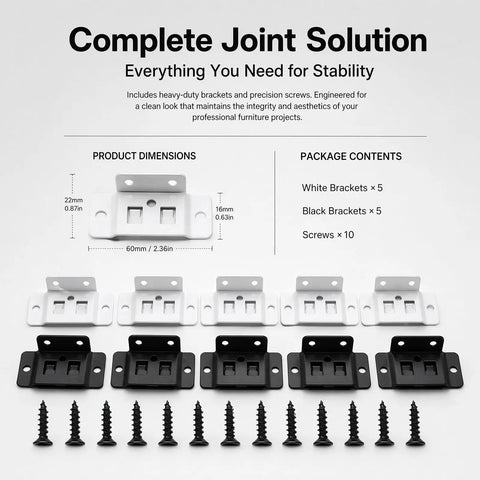 Heavy Duty Right Angle Furniture Brackets Set 10 Pack Metal Corner Brace Connectors With Screws for Cabinet Drawer Shelf Table and Chair Repair Easy DIY Reinforcement for Loose Joints White shown with screws included, featuring black and white brackets.