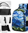 Spacious Unisex Backpack With Blue Hydrangea Print For Summer Garden Vibe, showing details of handle, strap, zipper, and pockets