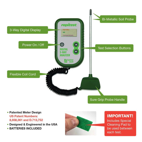 Digital Soil Tester For PH, Temperature, And Fertility, Three Way Analyzer with corded probe, buttons, and display screen