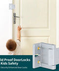 Two Pack Top Of Door Latches Silver Door Reinforcement Lock For Home And Hotel Security with door and child shown
