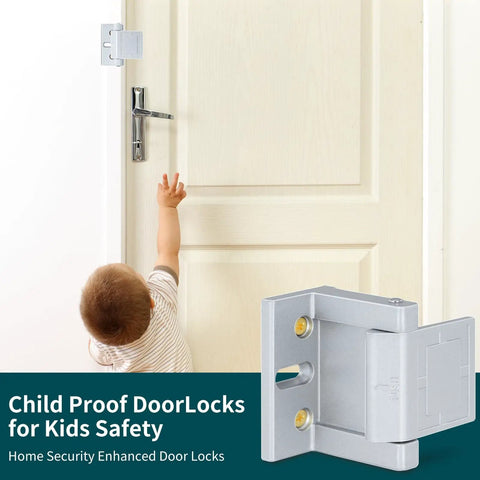 Two Pack Top Of Door Latches Silver Door Reinforcement Lock For Home And Hotel Security with door and child shown