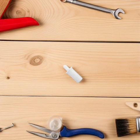 Killer Quality 50 Pack Shutter Repair Pins spring loaded plantation shutter fasteners on wooden surface with tools.