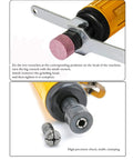 Compact Air Die Grinder With One Quarter And One Eighth Collets Grinds Out Lightning Speed At 22000 RPM, detail of grinding head installation.