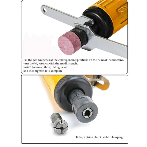 Compact Air Die Grinder With One Quarter And One Eighth Collets Grinds Out Lightning Speed At 22000 RPM, detail of grinding head installation.