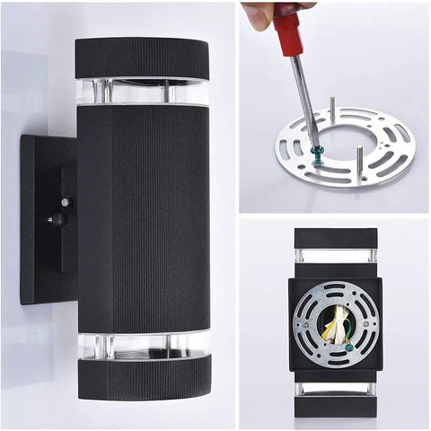 Dusk To Dawn Outdoor Porch Light With Sensor, Aluminum Waterproof Wall Sconce showing side and back view with mounting plate.