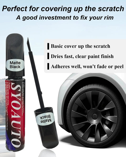 Premium Matte Black Rim Touch Up Paint Pen For Wheel Scratch Repair And Curb Rash Fix Quick Dry Formula next to matte black alloy wheel.