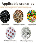 Various candy coating applications: pill polishing, food sugar coating, candy coating, tablet sugar coating, and chemical pelletizing.