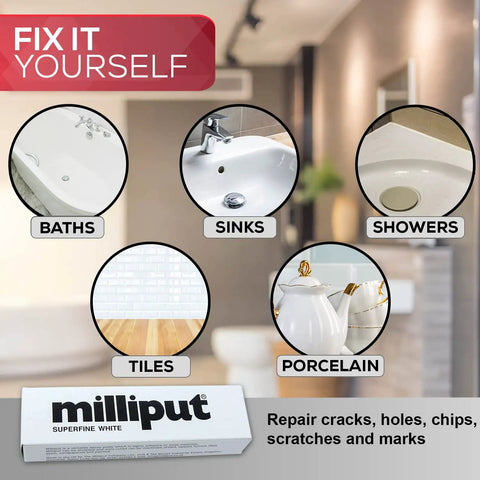 Superfine White Epoxy Putty Kit For Quick DIY Fixes No Fuss, 10 Piece Set with applications for sinks, baths, and porcelain.