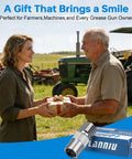 Man and woman exchanging a gift in a field with tractors, featuring a Heavy Duty 4 Jaw Quick Release Grease Gun Coupler in the foreground.