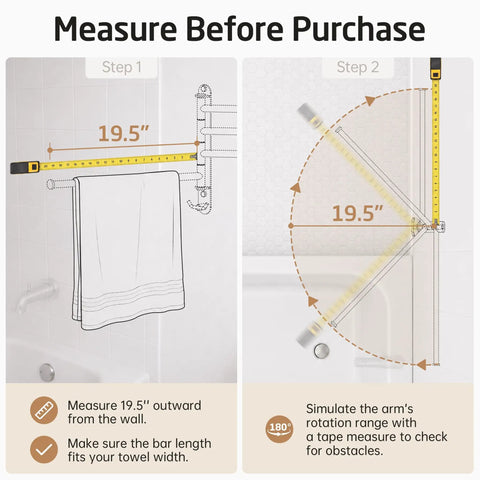 Measurement guidance for installing Extra Long 19.5 Inch Swivel Towel Rack With Four Arms, Swing Out Wall Mount Towel Bar For Bathroom.