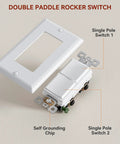 Plug And Play Double Paddle Rocker Light Switch For Two Fixtures Single Pole Decorator Style 15 Amp Self Grounding Electrical Switch Residential Grade UL Listed Glossy White Face Easy Install Reliable Power Control, white rocker switch and wall plate