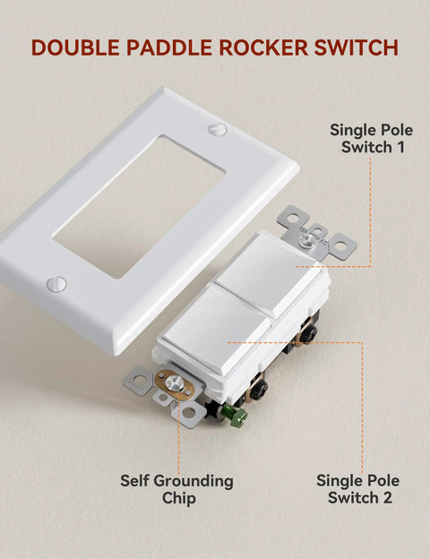 Plug And Play Double Paddle Rocker Light Switch For Two Fixtures Single Pole Decorator Style 15 Amp Self Grounding Electrical Switch Residential Grade UL Listed Glossy White Face Easy Install Reliable Power Control, white rocker switch and wall plate