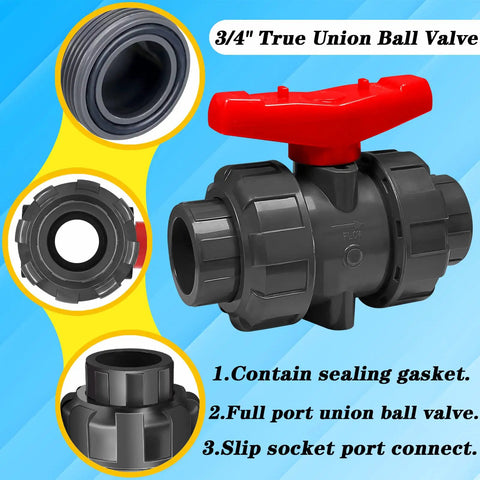 Two Pack Three Quarter Inch True Union Ball Valves SCH80 PVC Shut Off Valve with Double Slip Socket Connection Full Port