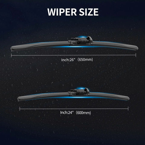 Premium Front Windshield Wiper Blades For Mercedes Benz Sprinter sizes 26 inch and 24 inch displayed on a dark background.